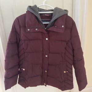 Tommy Hilfiger Maroon Puffer Jacket With Gray Hood